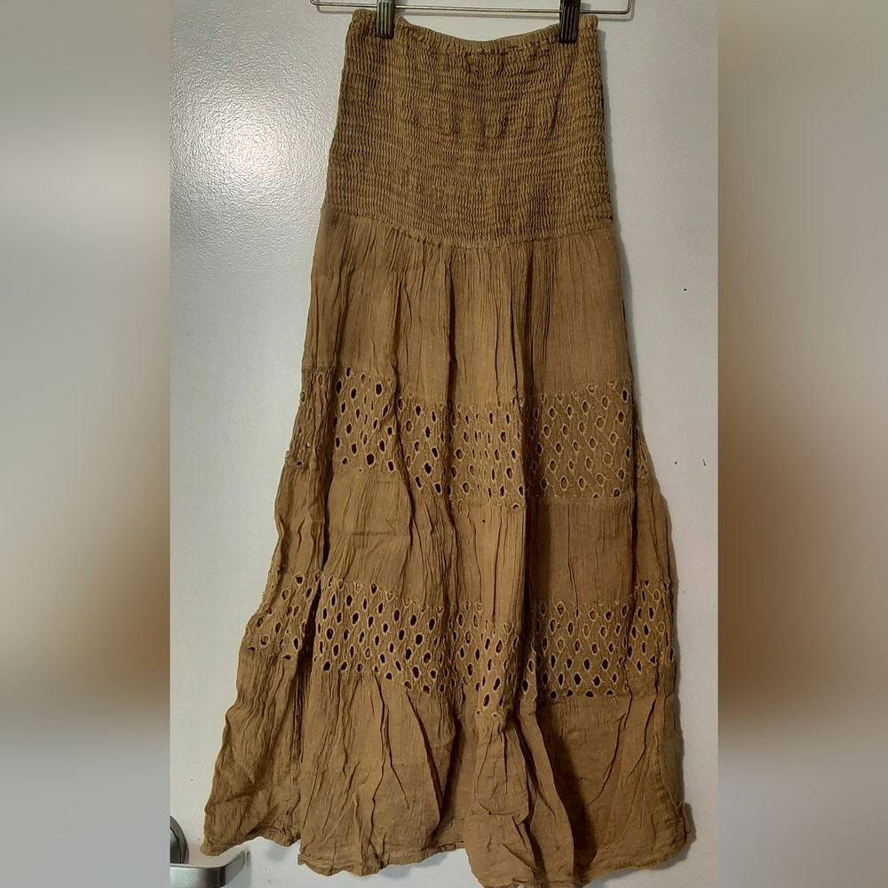 Golden-tan strapless mini sundress